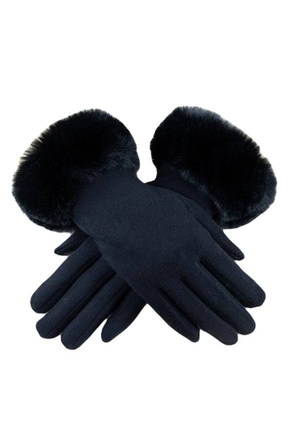 Touchscreen-Compatible Black Knit Gloves with Fuzzy Faux Fur Detail - Stylish Winter Tech Accessory for Her