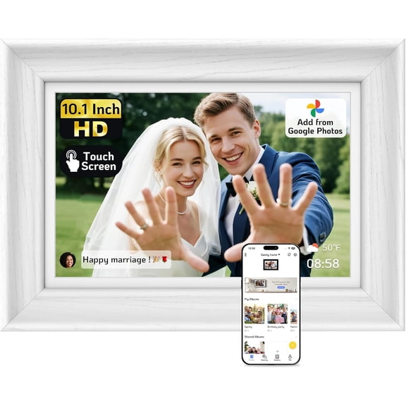 Touchscreen Digital Picture Frame 10.1 Inch 64GB, WiFi Photo Frame Electronic, Add Pics from Google Photos, Easy to Share Videos via App/USB/Micro SD, for Christmas/Mom/Birthday, White Wood