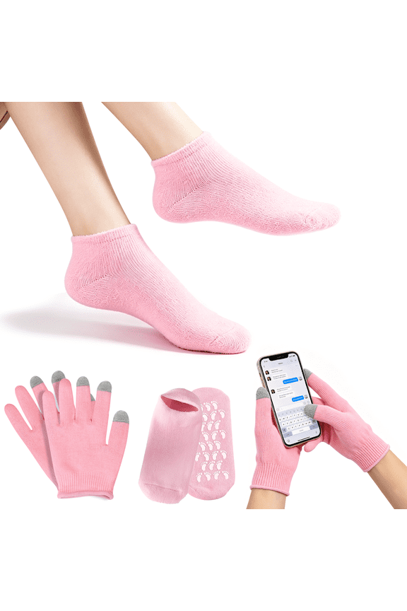 Touchscreen Moisturizing Gloves and Socks Set, Hand and Feet Care for Chapped and Dry, Gel Spa Moisturizing Therapy Sock Glove, Pink