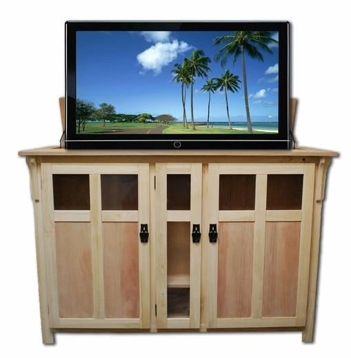 Unfinished Oak and Oak Veneer TV Lift Cabinet with Glass Panels