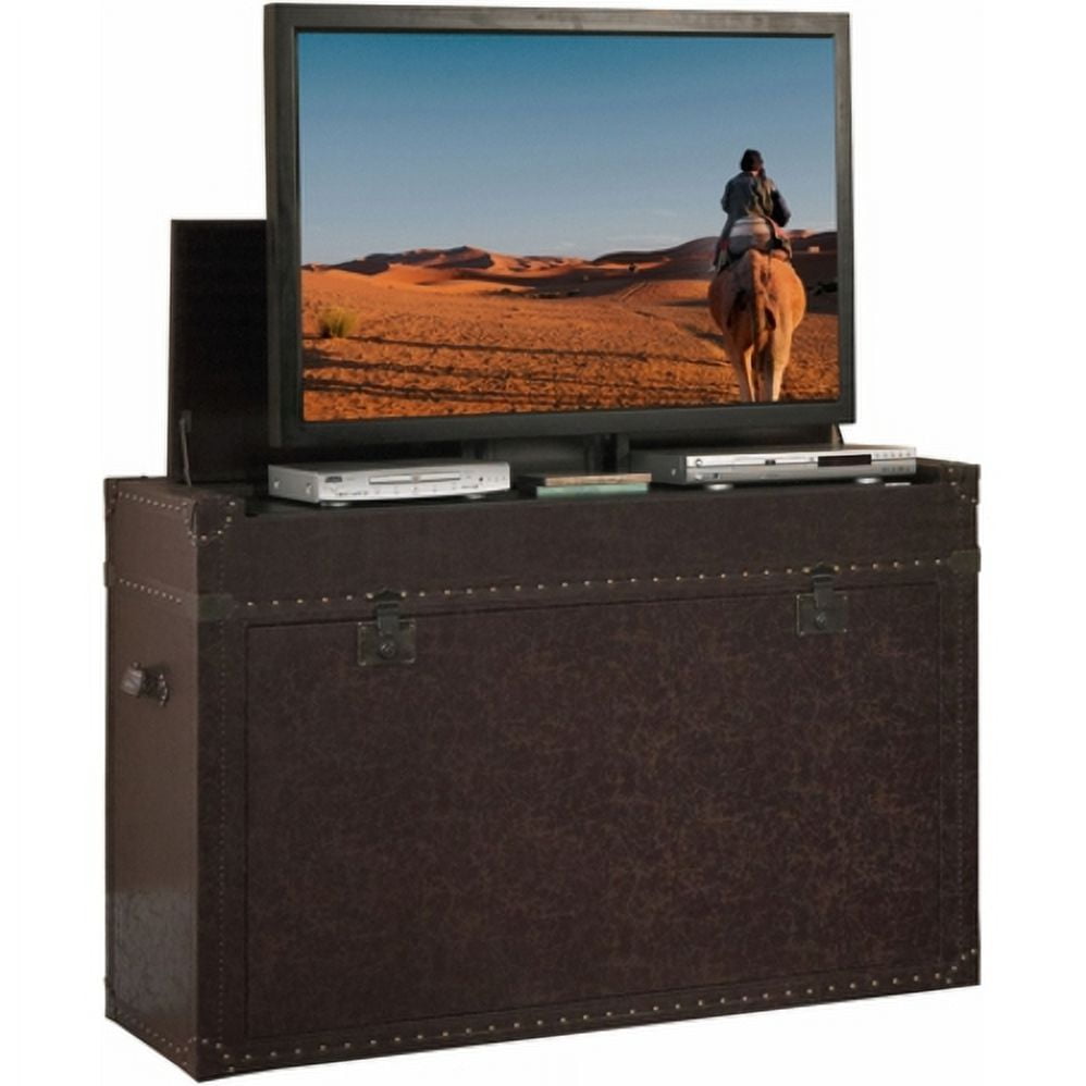 Elevate Rustic 46" Leather-Wrapped Motorized TV Lift Cabinet with Hand-Hammered Details