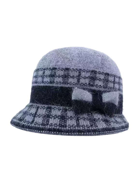 Warm Winter Hat for Women Ladies Bucket Hat Ladies Winter Bucket Hat Fleece Lined Plaid Cloche Hat with Bow Warm Retro Knit Hat for Women Elderly