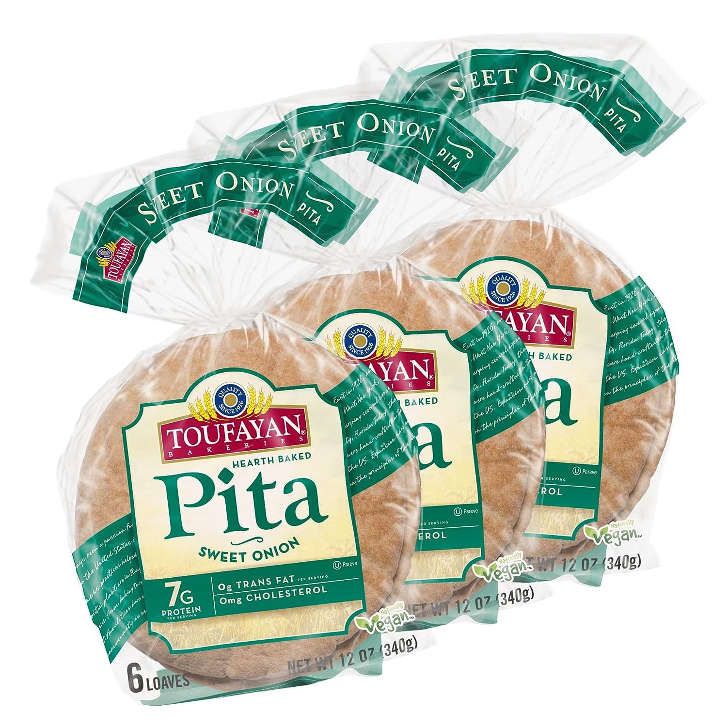 Sweet Onion Pita Bread | Vegan | Cholesterol | Kosher, Pita , Soy , Breakfast Pastry, ly baked (3 Pack, 18 Pitas Total) - 36oz