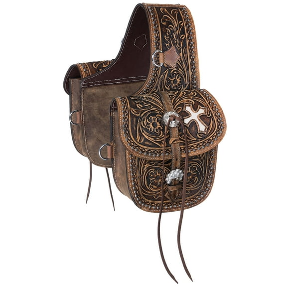 Tough-1 Western Saddle Bag Antique Tooled Leather Brown 61-9940
