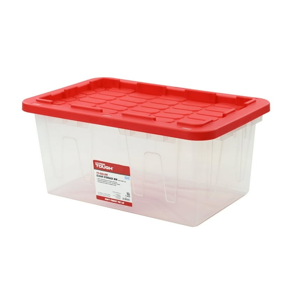 Tough 15 Gallon Snap Lid Clear Plastic Storage Bin, with Red Lid