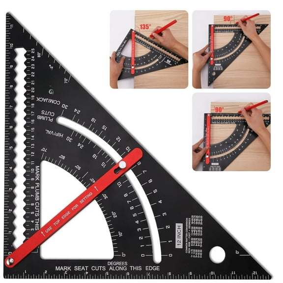 Tough 7 inch Carpenter Square, Aluminum Adjustable Rafter Framing Square, Multifunction Woodworking Measuring Tools, Combination Square Angle Carpentry Triangle Ruler with 2 Pencils