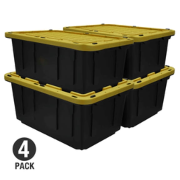 Tough Box 17 Gallon Stackable Snap Lid Plastic Storage Container, Black with Yellow Lid, Set of 4