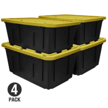 Tough Box 27 Gallon Stackable Heavy Duty Snap Lid Plastic Storage Container, Black with Yellow Lid, Set of 4
