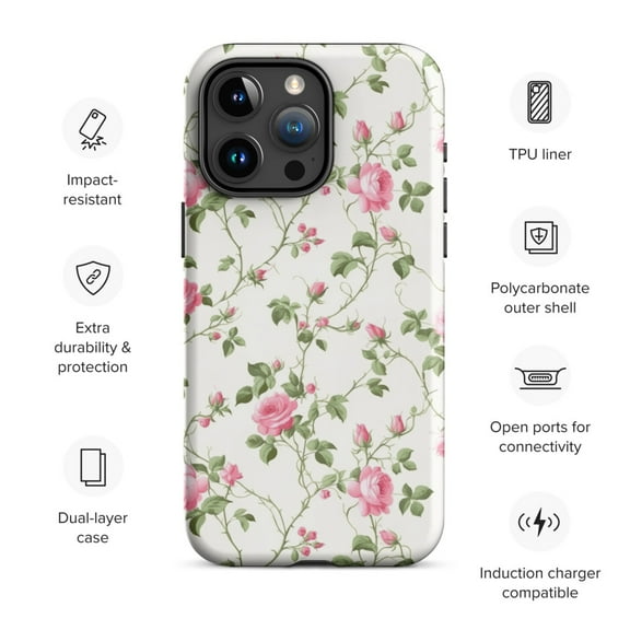 Tough Case for iPhone®, Floral Garden Print Cell Phone Case, Pink Flower Coquette, 11, 12, 13, 14, 15, 16 (iPhone 15 Pro Max)