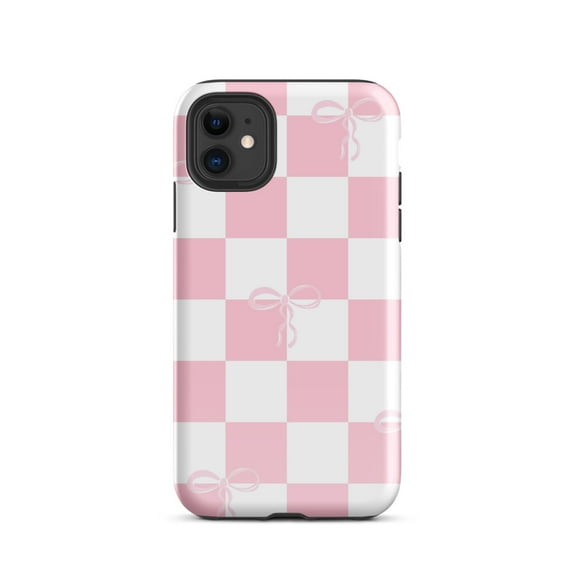 Tough Cellphone Case iPhone®, Pink Checkered Print Case, Coquette Bow, 11, 12, 13, 14, 15, 16 (iPhone 11)