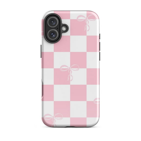 Tough Cellphone Case iPhone®, Pink Checkered Print Case, Coquette Bow, 11, 12, 13, 14, 15, 16 (iPhone 16 Plus)