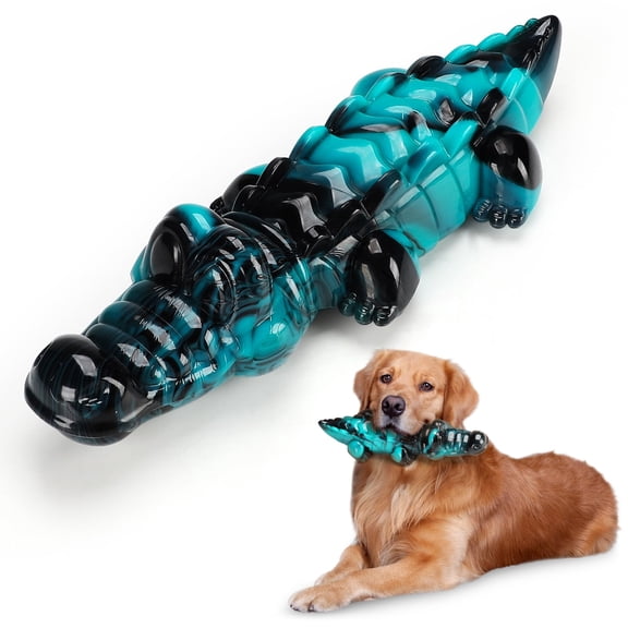 Tough Alligator Dog Chew Toy for Aggressive Chewers - Bacon Flavor Indestructible Rubber Pet Toy, Heavy Duty Interactive Dental & Training Chew for Medium & Large Dogs (30-80 lb), Blue