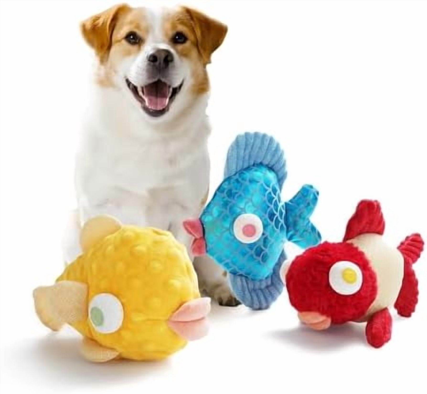 Tough Dog Toys, Squeaky Dog Toys to Keep Dogs Busy with Two Resistant Layer & Crinkle Sound, Googly Eyed Fish Gang Puppy Teething Toys for Small, Medium, Large Breeds