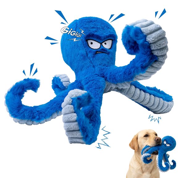 Tough Dog Toys, Stuffed Chew Large Dog Toys to Keep Them Busy, Interactive Squeaky Tug of War Doggie Toy, Crinkle Blue Octopus