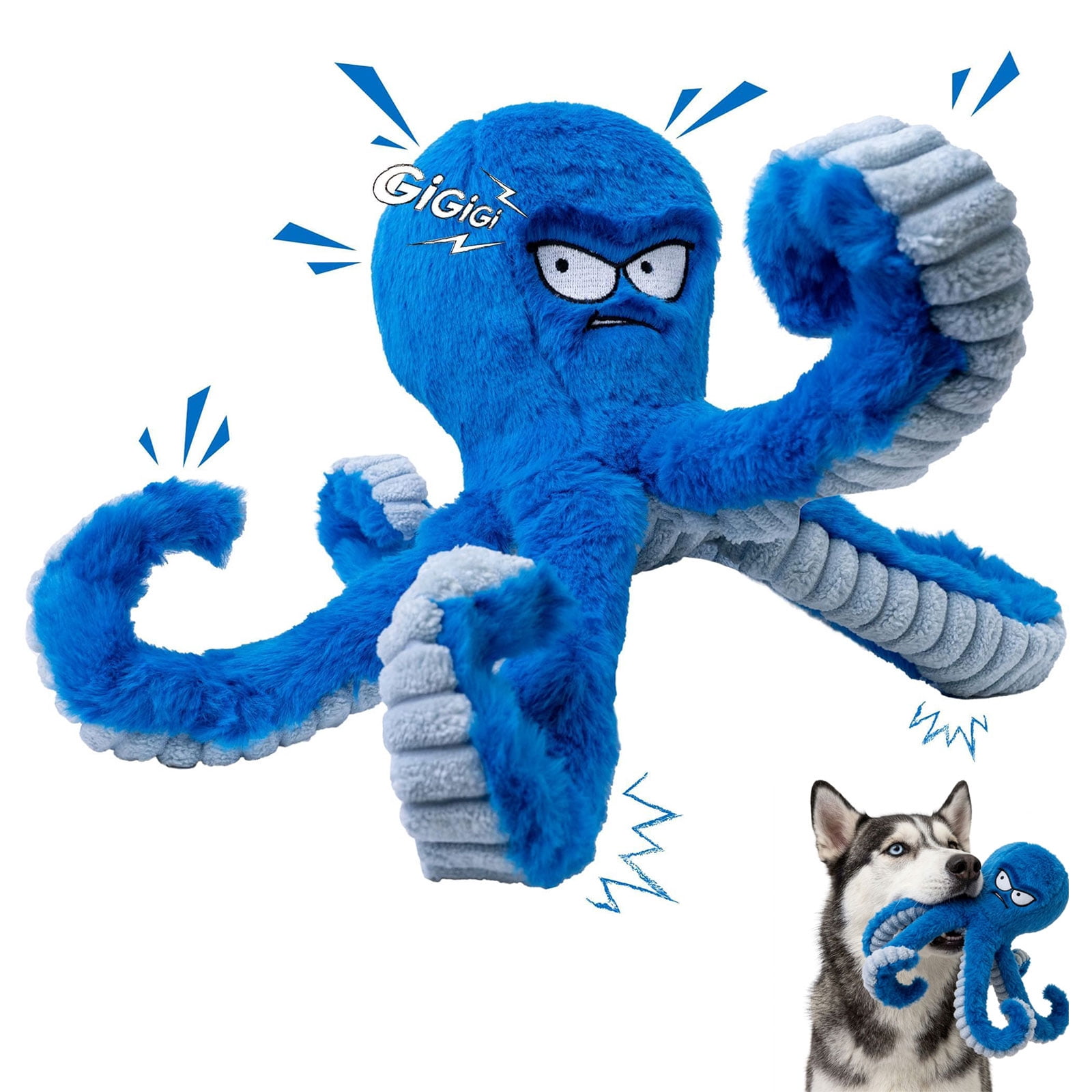 Tough Dog Toys, Stuffed Chew Large Dog Toys to Keep Them Busy, Interactive Squeaky Tug of War Doggie Toy, Crinkle Blue Octopus