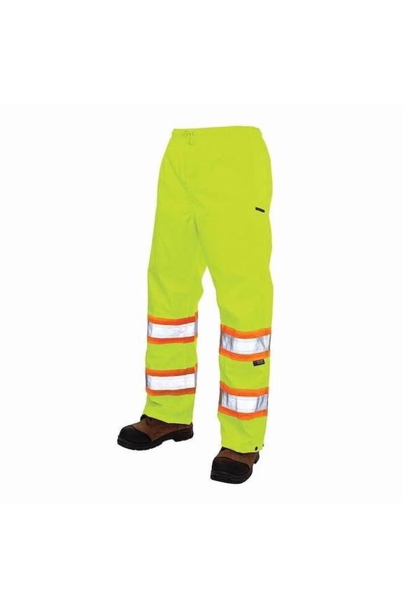 Hi-Visibility Rain Pants, 100% Rip-Stop Polyester, 32 in Inseam, Drawstring Closure, Gree/Yellow