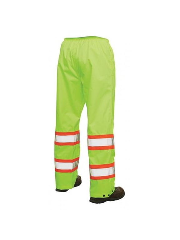 High Visibility Rain Pants, 100% Rip-Stop Polyester, 32 in Inseam, Drawstring Closure, Gree/Yellow