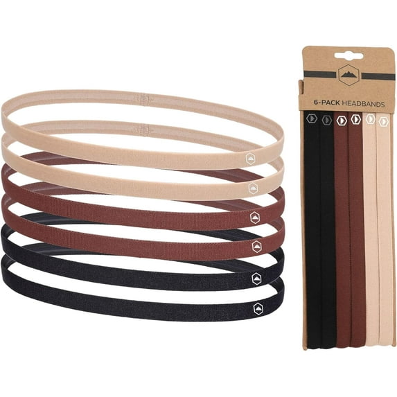 Tough Headwear Thin Elastic Headbands for Women - Athletic Headbands - Sports Headbands Men - Soccer Headband - Workout Headbands for Women, 2 Black / 2 Light Brown / 2 Dark Brown