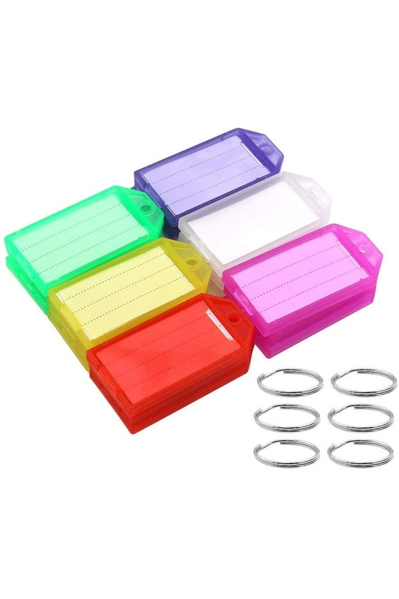 Tough Plastic Key Tags - 150 Pcs Colored Identifier ID Keychain Tag with Flap Label Window and Strong Split Ring for Luggage, 6 Assorted Colors