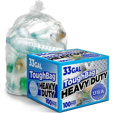 ToughBag 33 Gallon Clear Trash Bags, 100 Count, Outdoor Industrial Garbage Can Liners - Made In USA