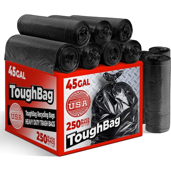 ToughBag 40-45 Gallon Trash Bags, 40 x 48" Black Garbage Bags, 250 Count - Made In USA