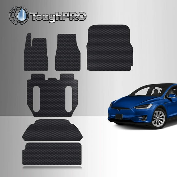 ToughPRO Front + 2nd Row Mats Compatible with Tesla Model X 2018 6 Seater 2nd Row Seat Without Middle Console - All Weather Heavy Duty (Made in USA) Black Rubber