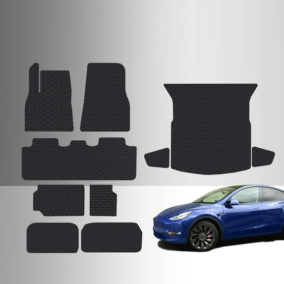 ToughPRO Full Set + Trunk Mats Compatible with Tesla Model Y Standard Range 2022 7 Seater - All Weather Heavy Duty (Made in USA) Black Rubber