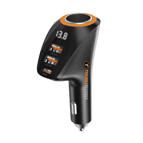 ToughTested 100W Digital 4-Port Car Charger Splitter with 30W USB-C PD, Dual USB & 12V Socket Adapter for Cars, SUVs & Trucks