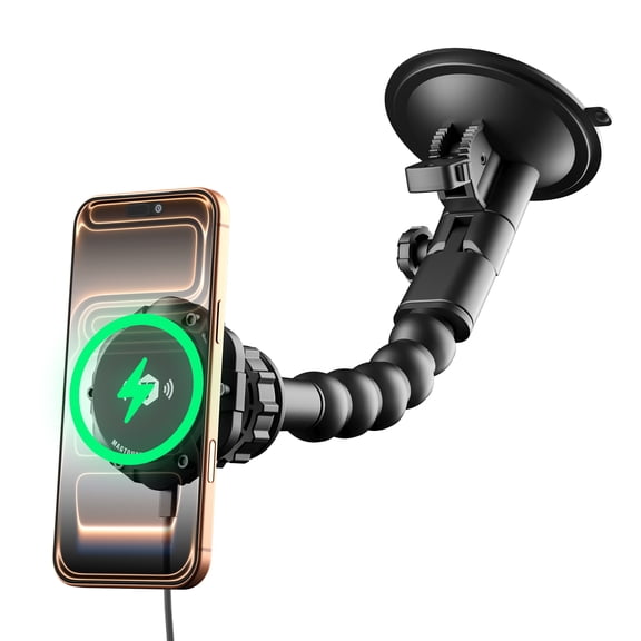 ToughTested 15W Wireless Car Charger Mount  Heavy-Duty Dash & Windshield Magnetic Phone Holder for iPhone MagSafe & Android Qi Devices  Ultra-Flexible Arm, 360 Rotation