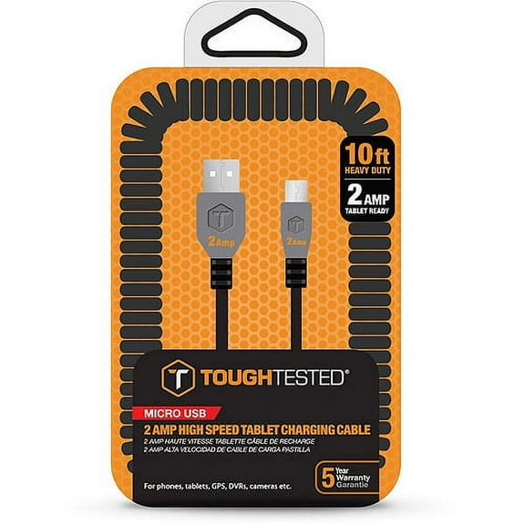 ToughTested Heavy Duty Coiled 2 AMP Micro USB Cable, 10'