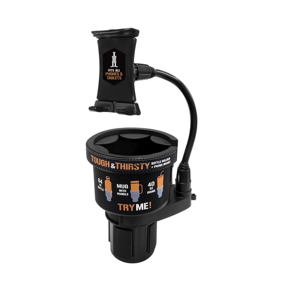 ToughTested TNT Tough N Thirsty Mega XL Cupholder Expander with Adjustable 9 Gooseneck Device Mount for Phones, Tablets & GPS, Fits 1.2L Bottles, Heavy-Duty Universal Vehicle Accessory