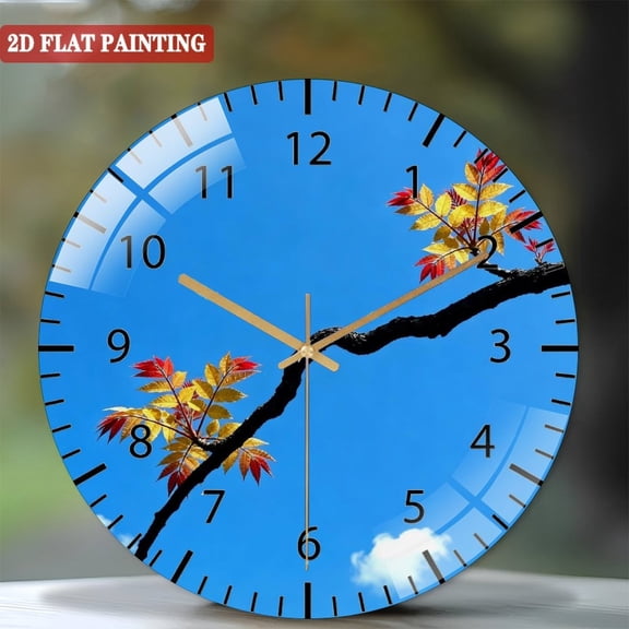Toughened Glass Wall Clock with Autumn Tree Silent Movement, Battery Operated(AA Batteries Not Inclued), Artistic Home Decor 12inches