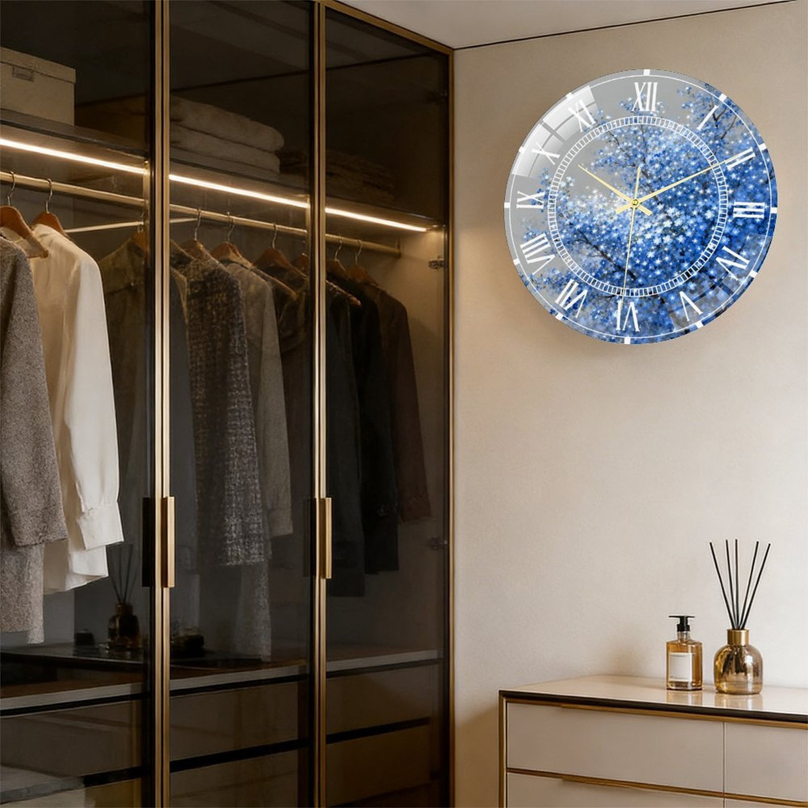 Toughened Glass Wall Clock with Blue Blossom Design Silent Movement ...