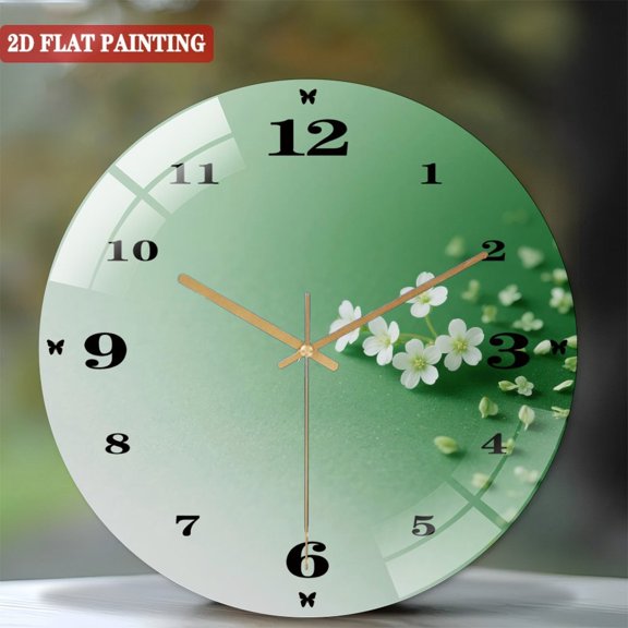 Toughened Glass Wall Clock with Floral Art Silent Movement, Battery Operated(AA Batteries Not Inclued), Artistic Home Decor 12inches