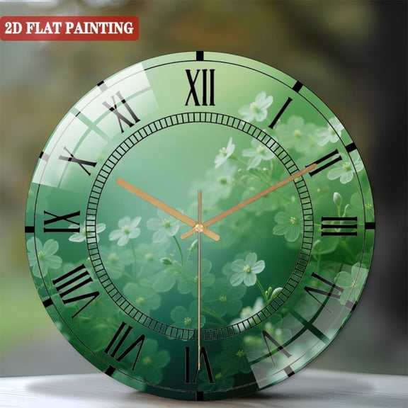Toughened Glass Wall Clock with Green Floral Silent Movement, Battery Operated(AA Batteries Not Inclued), Artistic Home Decor 12inches