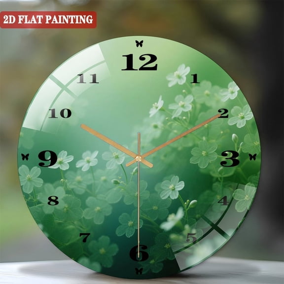 Toughened Glass Wall Clock with Green Floral Silent Movement, Battery Operated(AA Batteries Not Inclued), Artistic Home Decor 12inches