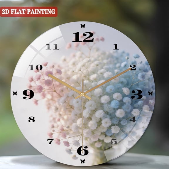 Toughened Glass Wall Clock with Pastel Floral Art Silent Movement, Battery Operated(AA Batteries Not Inclued), Artistic Home Decor 12inches