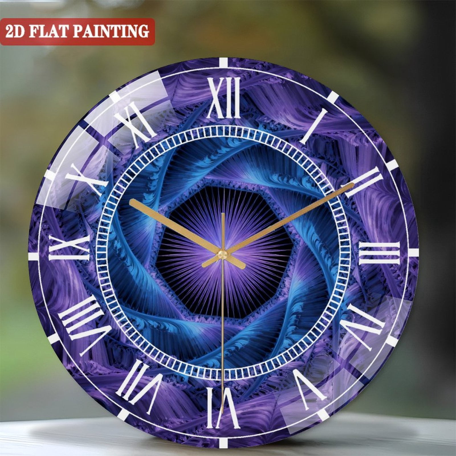 Vortex Clock Toughened Glass Wall Clock with Purple Blue Fractal Vortex Silent ...