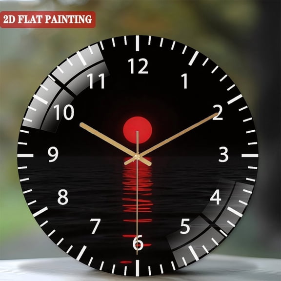 Toughened Glass Wall Clock with Red Moon Reflection Silent Movement, Battery Operated(AA Batteries Not Inclued), Artistic Home Decor 12inches