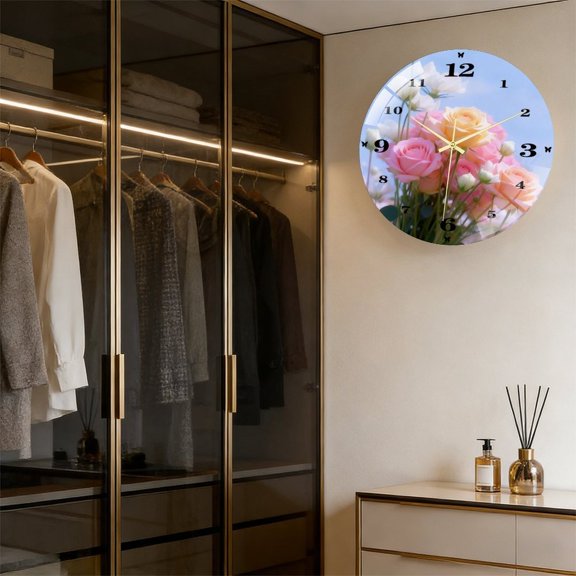 Toughened Glass Wall Clock with Romantic Roses Silent Movement, Battery Operated(AA Batteries Not Inclued), Artistic Home Decor