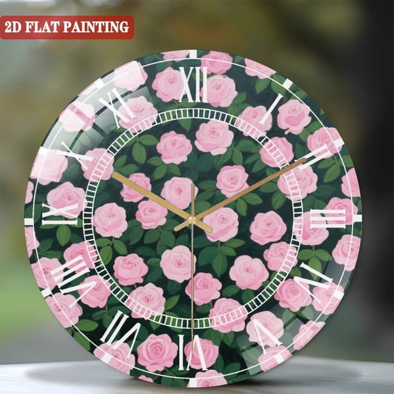 Toughened Glass Wall Clock with Roses Floral Silent Movement, Battery Operated(AA Batteries Not Inclued), Artistic Home Decor 12inches