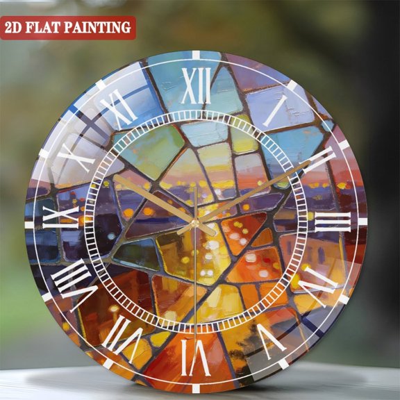 Toughened Glass Wall Clock with Stained Glass Art Silent Movement, Battery Operated(AA Batteries Not Inclued), Artistic Home Decor 12inches