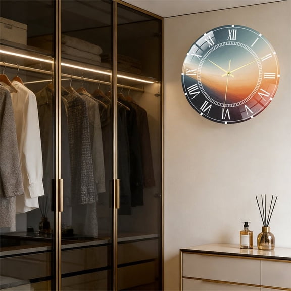 Toughened Glass Wall Clock with Sunset Ocean Horizon Silent Movement, Battery Operated(AA Batteries Not Inclued), Artistic Home Decor