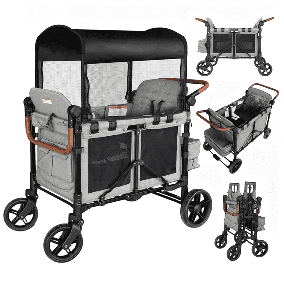 Touheart Wagon Stroller for 4 Kids with Adjustable Canopy, 5-Point Harnesses, Removable Seats, Gray