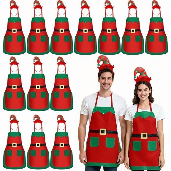 Toulite 24 Pcs Christmas Elf Aprons with 24 Pcs Headbands Bulk Women Men Adult Kitchen Cooking Baking Holiday Xmas Apron