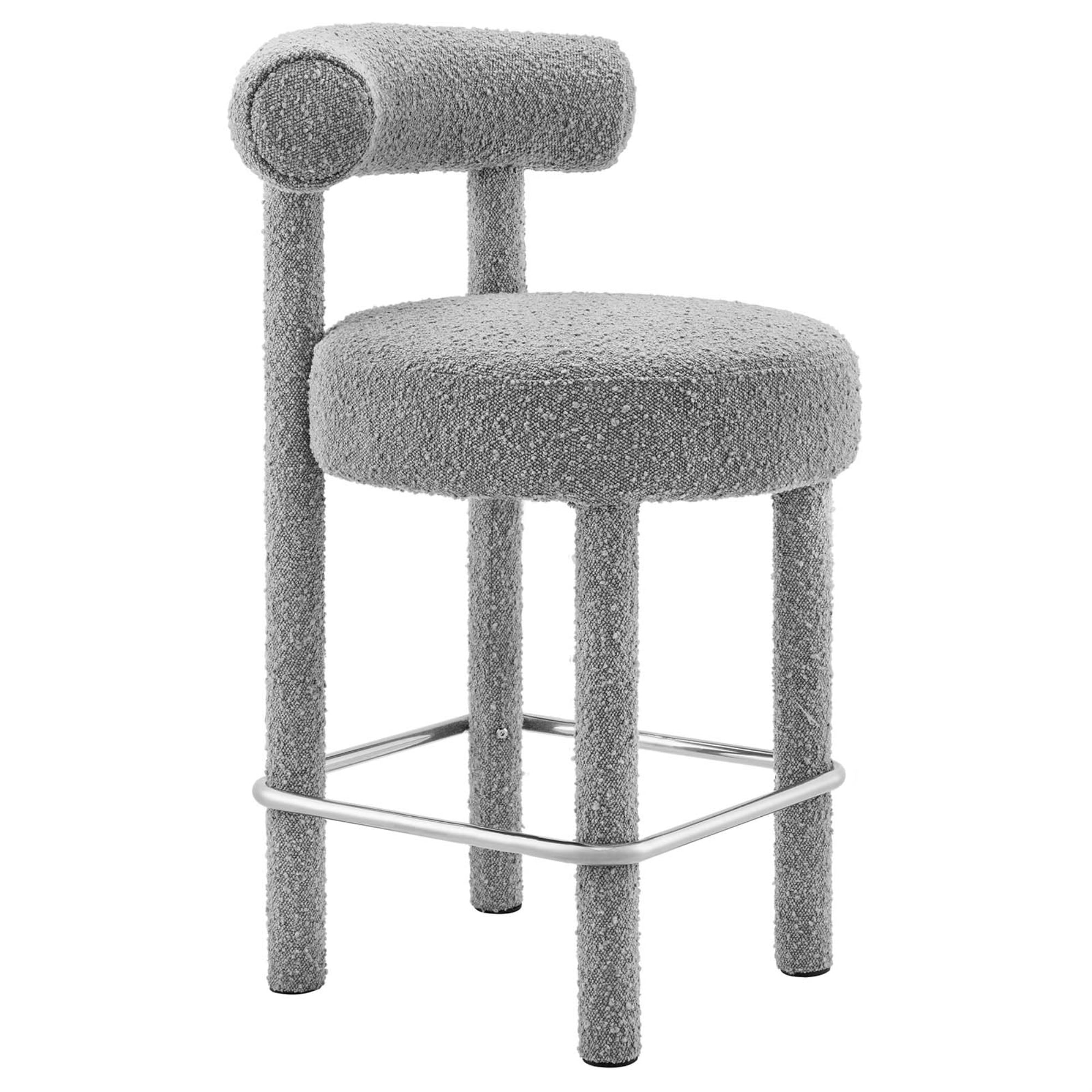 Light Gray Boucle Upholstered Counter Stool with Metal Legs