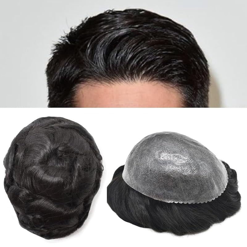 Toupee for Men Hairpiece Replacement System Male Prosthesis Full Poly Thin Soft Human Hair Piece 8X10 Injected PU Durable Skin Mens Wig #1B off Black