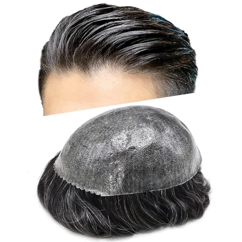 Toupee for Men Hairpiece Replacement System Male Prosthesis Full Poly Thin Soft Human Hair Piece 8X10 Injected PU Durable Skin Mens Wig #1B off Black
