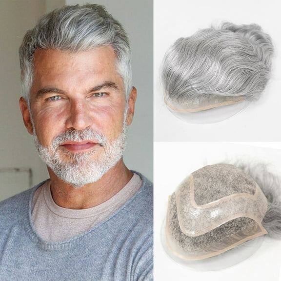 Toupee Men Mono Top with PU around and French Lace in Front Mens Toupee 20% 1B Black Color Mixed 80% Grey Hair Replacement System for Men