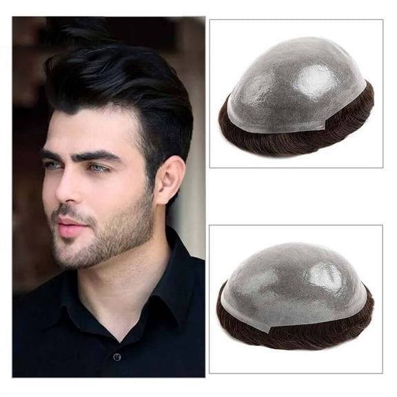 Toupee for Men, 0.1-0.12mm Double Knots PU Skin Male Hair Prosthesis 6" Durable Human Hair System 2# Brown Color Indian Remy Straight Hair Wig Units